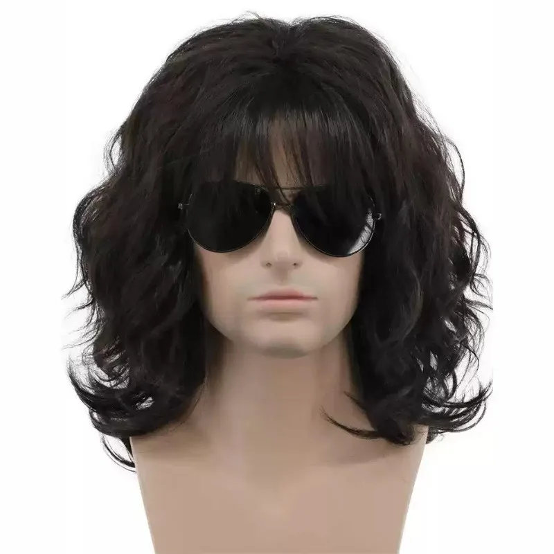 Men Medium Long Curly Wig 70s 80s Rocker Style Wavy Synthetic Hair Wig Halloween Cosplay Daily Costume with Wig Cap