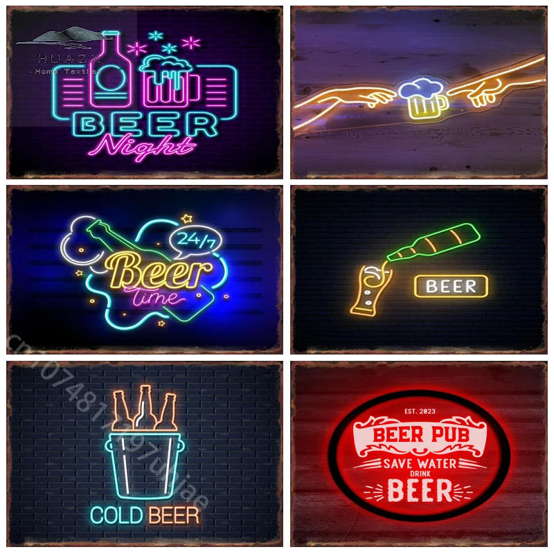 Neon Bar Beer Metal Tin Signs for Home Kitchen Wall Art Decoration Hallway Party Street Plaques Vintage Posters Club Cafe Plate