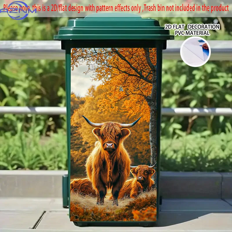 of Highland Cattle Design Featuring an Autumn Landscape, Self-Adhesive Stickers for Dustbins, Made of PVC. These Decorative St