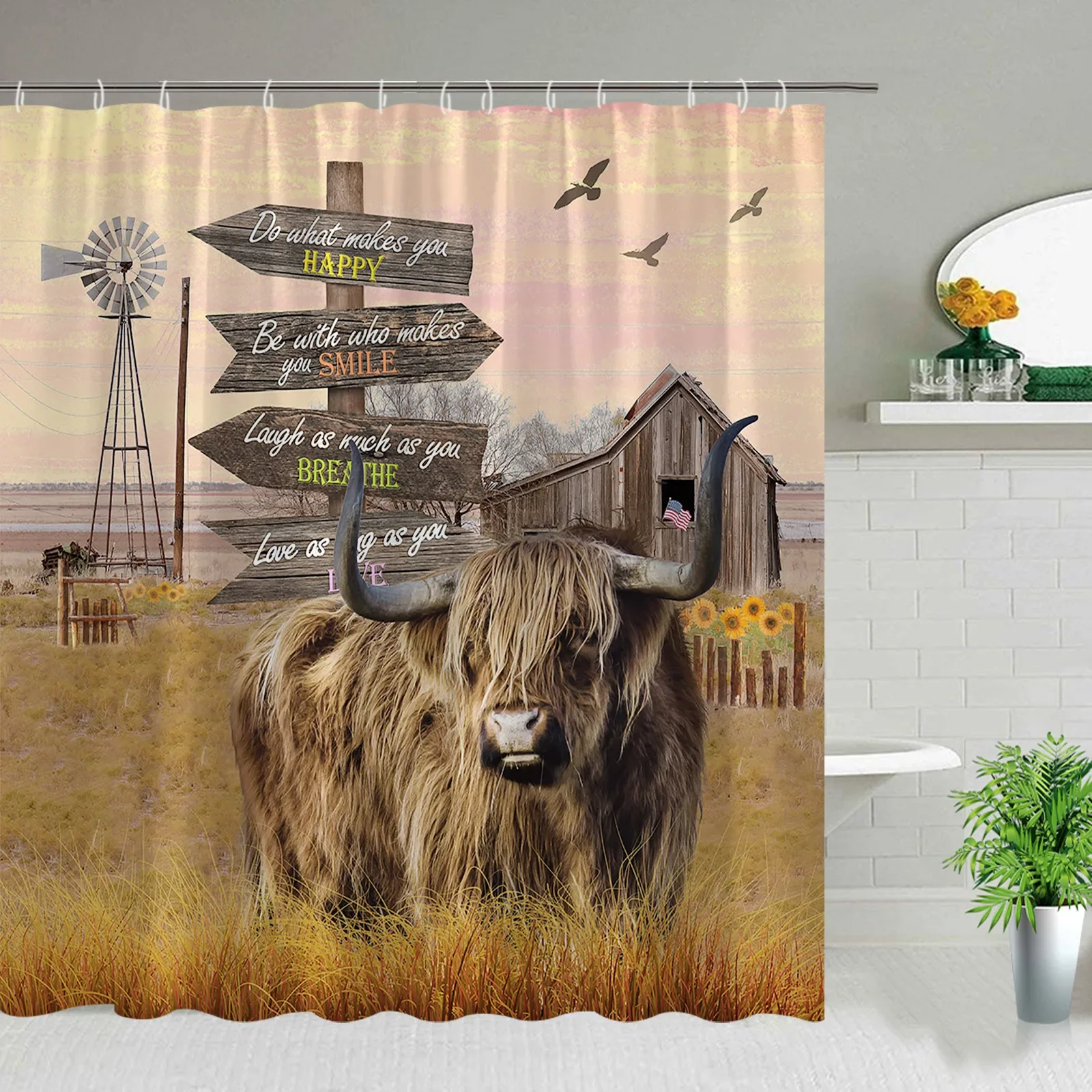 Farm Cow Shower Curtain Set Highland Cattle Windmill Sunflower Thatch Print Fabric Farmhouse Bath Decor Bathroom Accessories Set