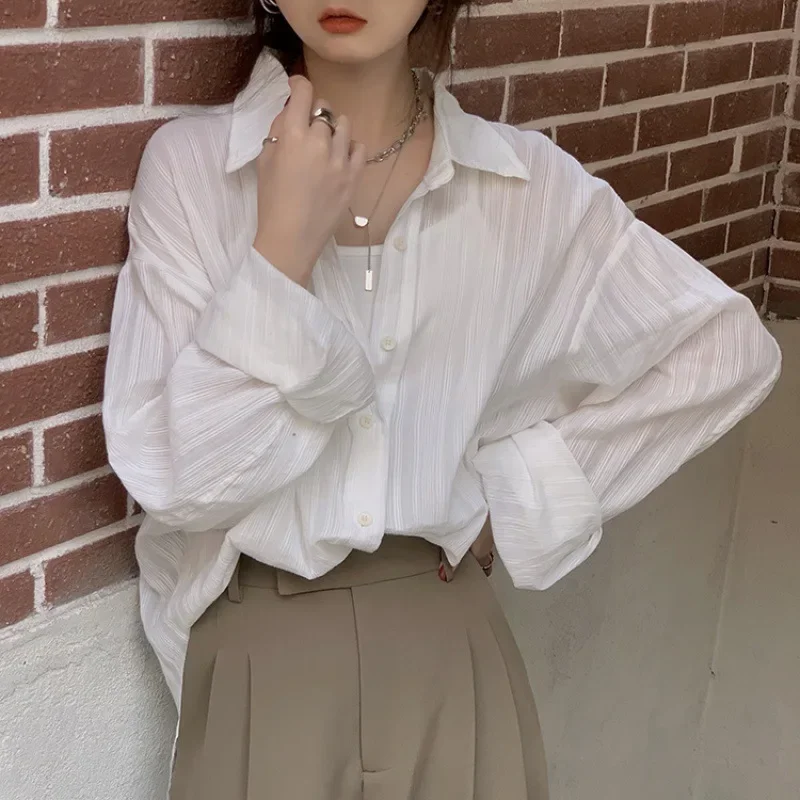 

White Woman Blouses Basic Fashion Chic Oversized Shirts Female Vintage Korean Long Sleeve Urban Transparent Cardigan