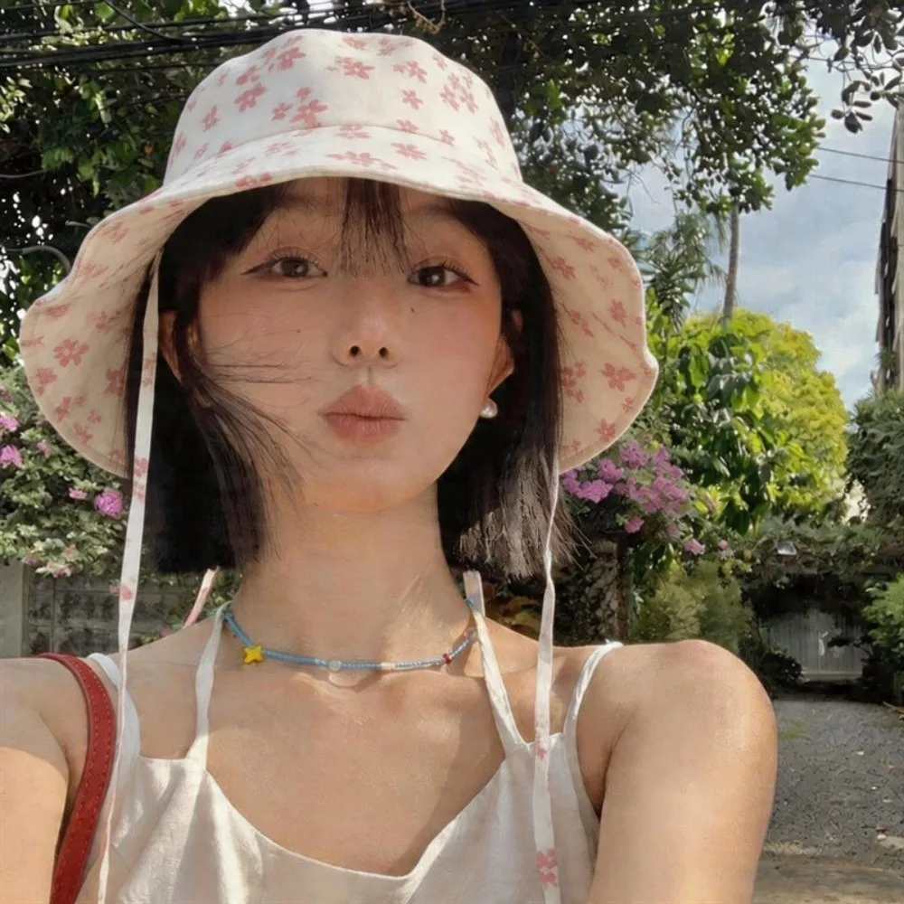 Cute Polyester Floral Print Bucket Hat Wide Brim Double Sided Panama Hat Foldable Adjustable Basin Cap Women