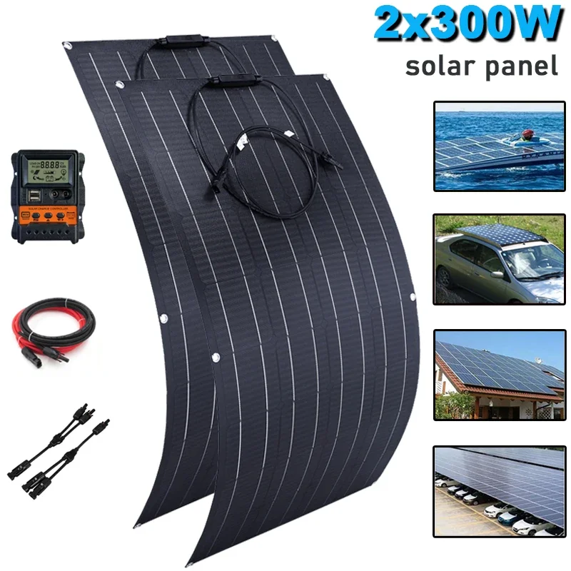 600W 300W(#105W 100W) Solar Panel+Controller ETFE Monocrystalline Plate Cable Outdoor Car RV Waterproof Rechargeable Power Tool