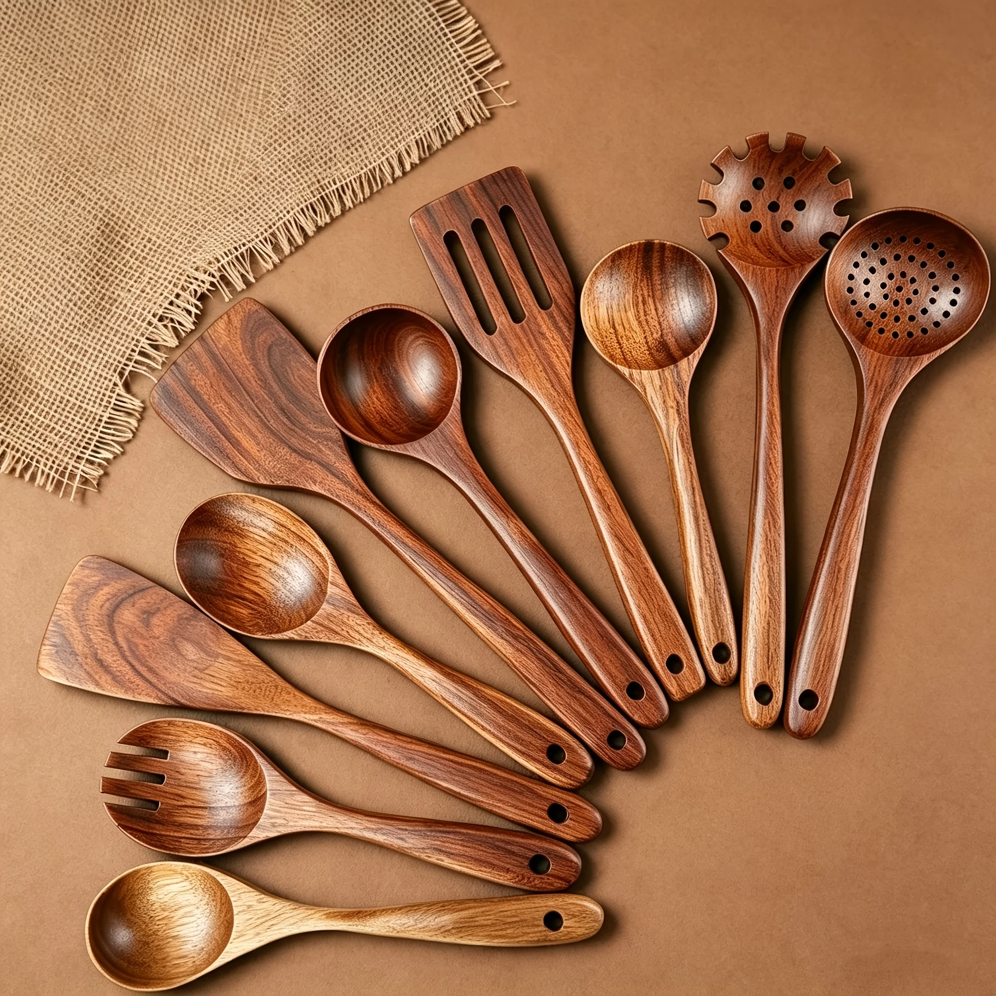 

10pcs Non-Stick Cookware Set, Wooden Kitchen Utensils, Heat-Resistant, Including Shovel And Perforated Wooden Spoon. It Is a Stylish And Durable Wooden Multifunctional Set Suitable for Kitchen, Cooking, Baking, As Well As Casual And Formal. 900G
