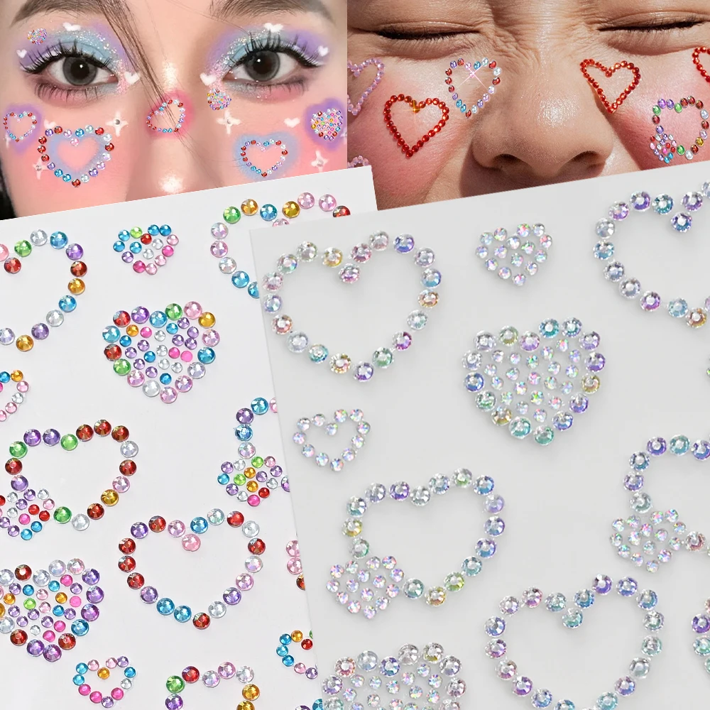 

2 Sheet 3D Hollow Love Heart Face Gems DIY Facial Body Eyes Rhinestone Self-Adhesive Diamond Sticker for Women Makeup Decoration