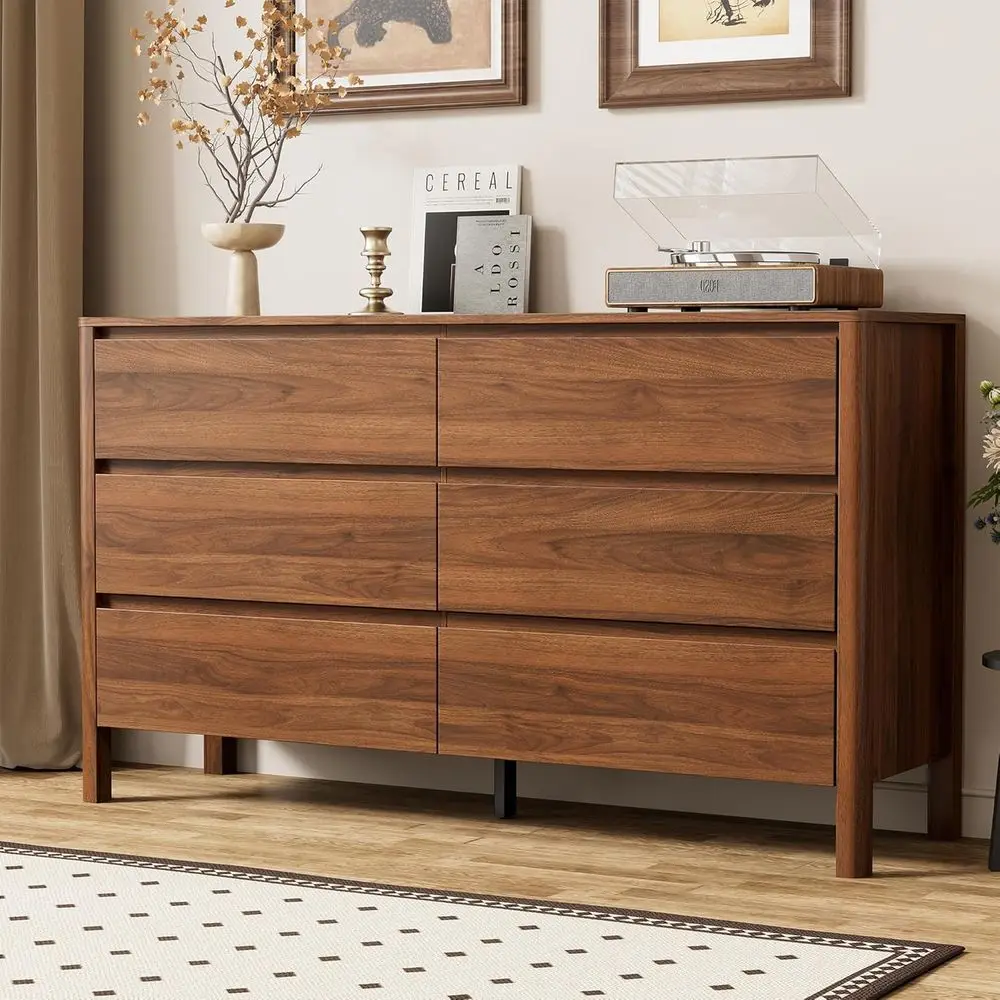 55 Walnut Bedroom Dresser with 6 Drawers and Solid Wood Legs, Large Storage Capacity