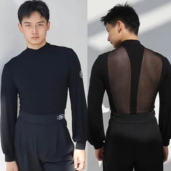 Latin Dance Clothes For Men Long Sleeves Mesh Back Black Tops Male Ballroom Dance Performance Clothing Practice Wear DNV19440