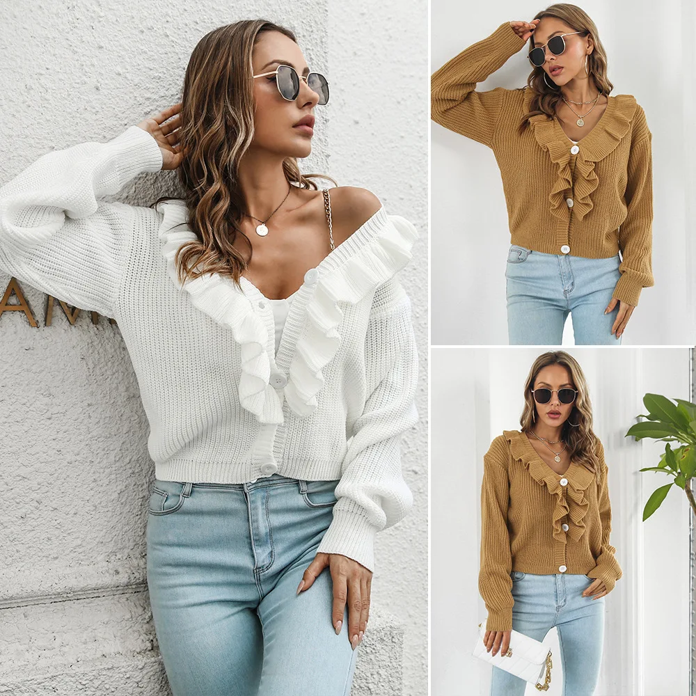 Long Sleeve Elegant Women Blouses Top Autumn Winter Lady Office Work Ruffles V-Neck Knitting Shirt Coat Casual Loose White Blusa