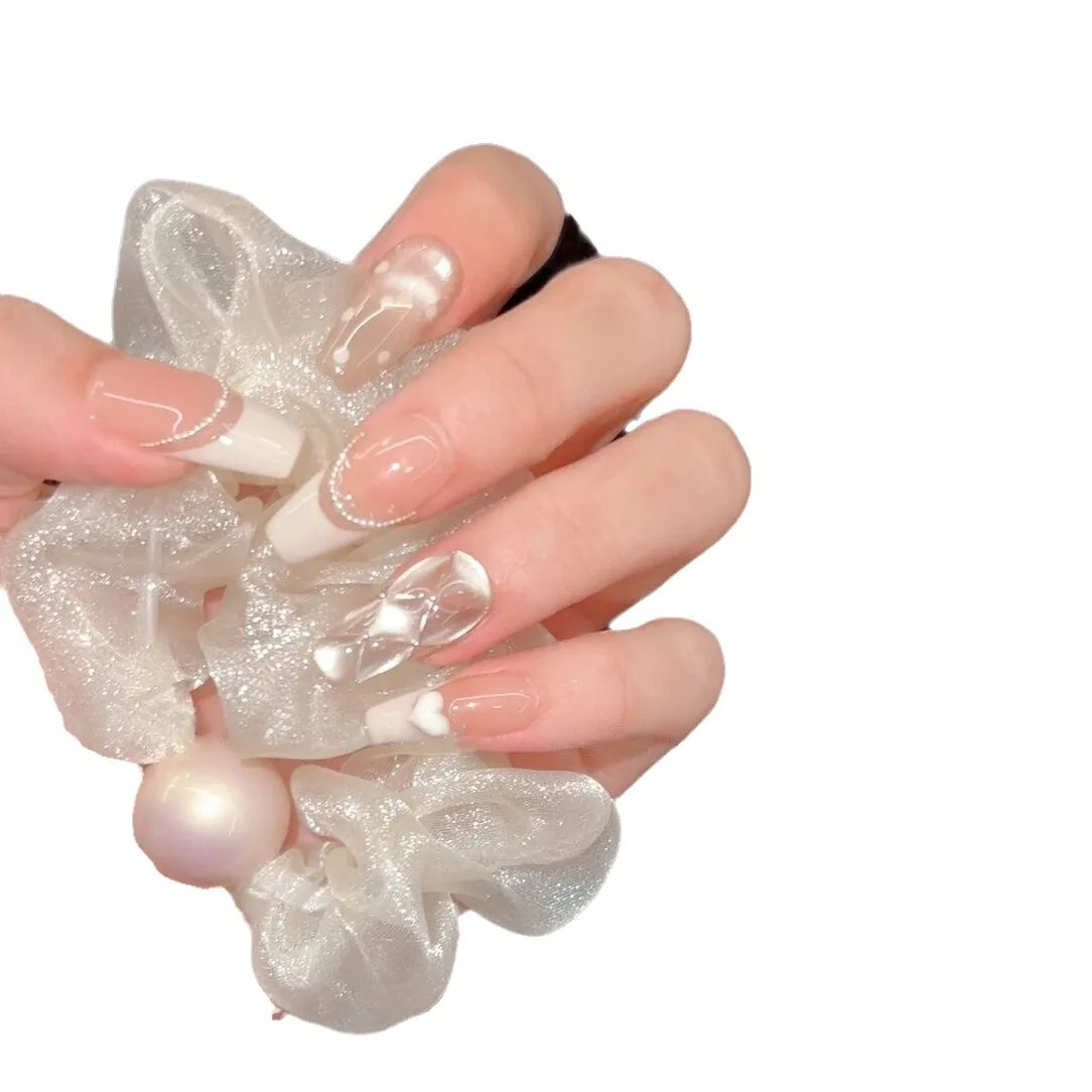 10 pezzi fatti a mano stampa sull'unghia occhio di gatto diamante controllo francese unghie finte per donne e ragazze scala media rimovibile indossabile unghie finte