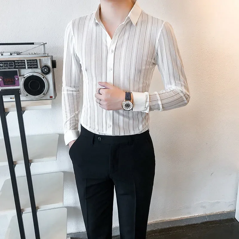 

Мужская черно-белая прозрачная рубашка с полосатым принтом, длинными рукавами, приталенного кроя, на пуговицах, для повседневной носки, вечеринок и клубов