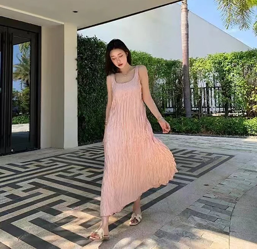 

Miyake Pleated Sleeveless Dress For Women Summer New Elegant Loose Fashion Casual High Quality Dresses Aesthetic Clothes