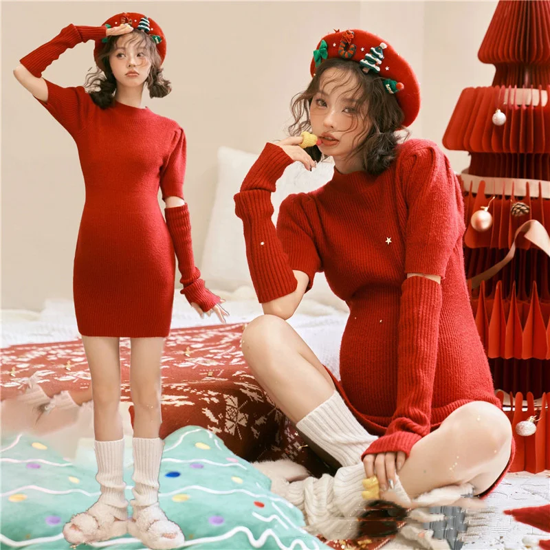 

New Year Christmas New Pregnant Women Photo Clothing Couple Fashion Knitted suit Pregnant Mommy Art Photo Red one-piece sweater