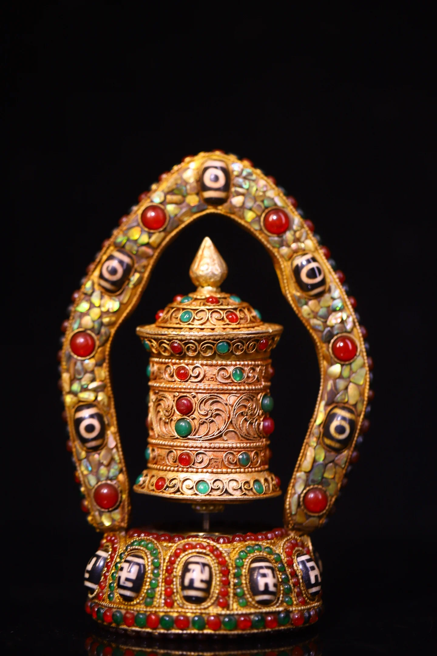 Old Tibetan Silver Gilded Filigree Mosaic Gem gZi Beads Shell Turning Wheel  Old scriptures Amulet Town house