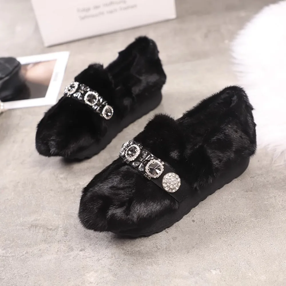 Womens Real Mink Fur Loafers Rhinestones Crystal Furry Rainbow Colors Flats Shoes Round Toe Warm Winter Snow New 2024