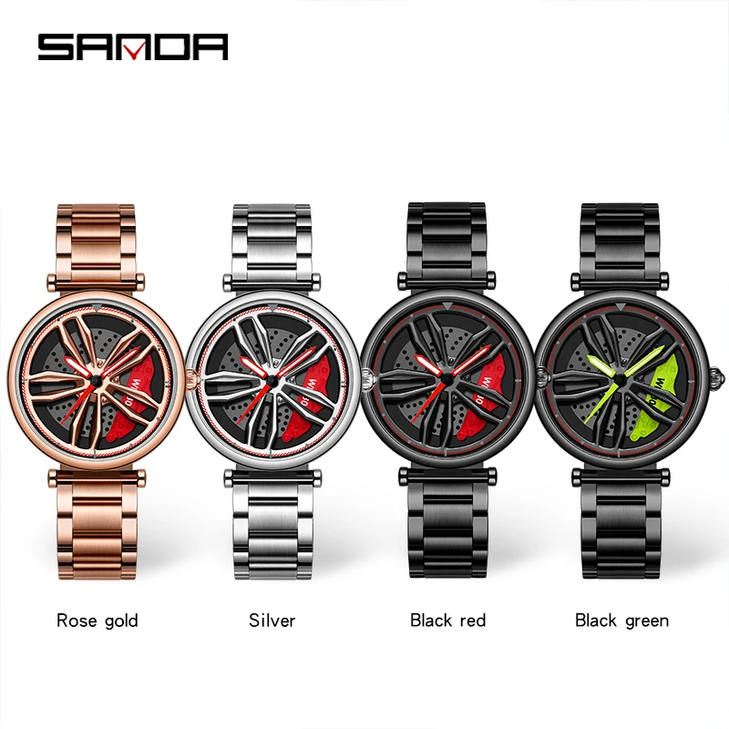 SANDA-reloj deportivo de acero inoxidable para mujer, cronógrafo de pulsera con llanta de coche, resistente al agua hasta 50M, nuevo diseño, 1074