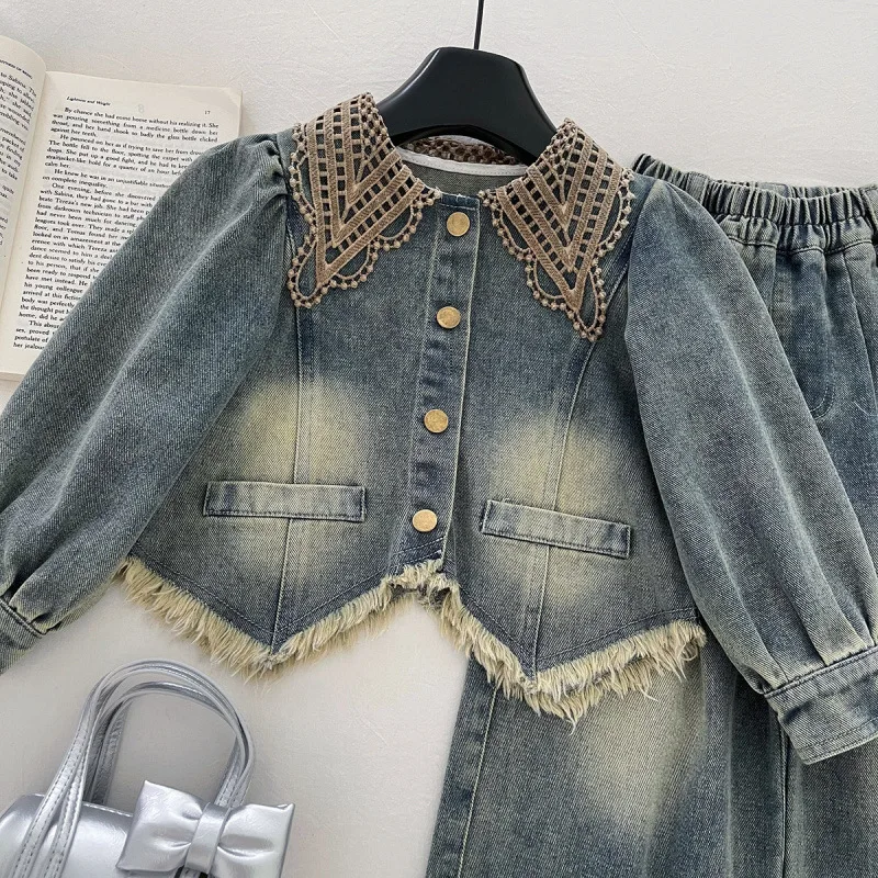 

Children's Autumn Outfit for Girls, Stylish Vintage High-End Irregular Denim Jacket and Pants Two-Piece Set
