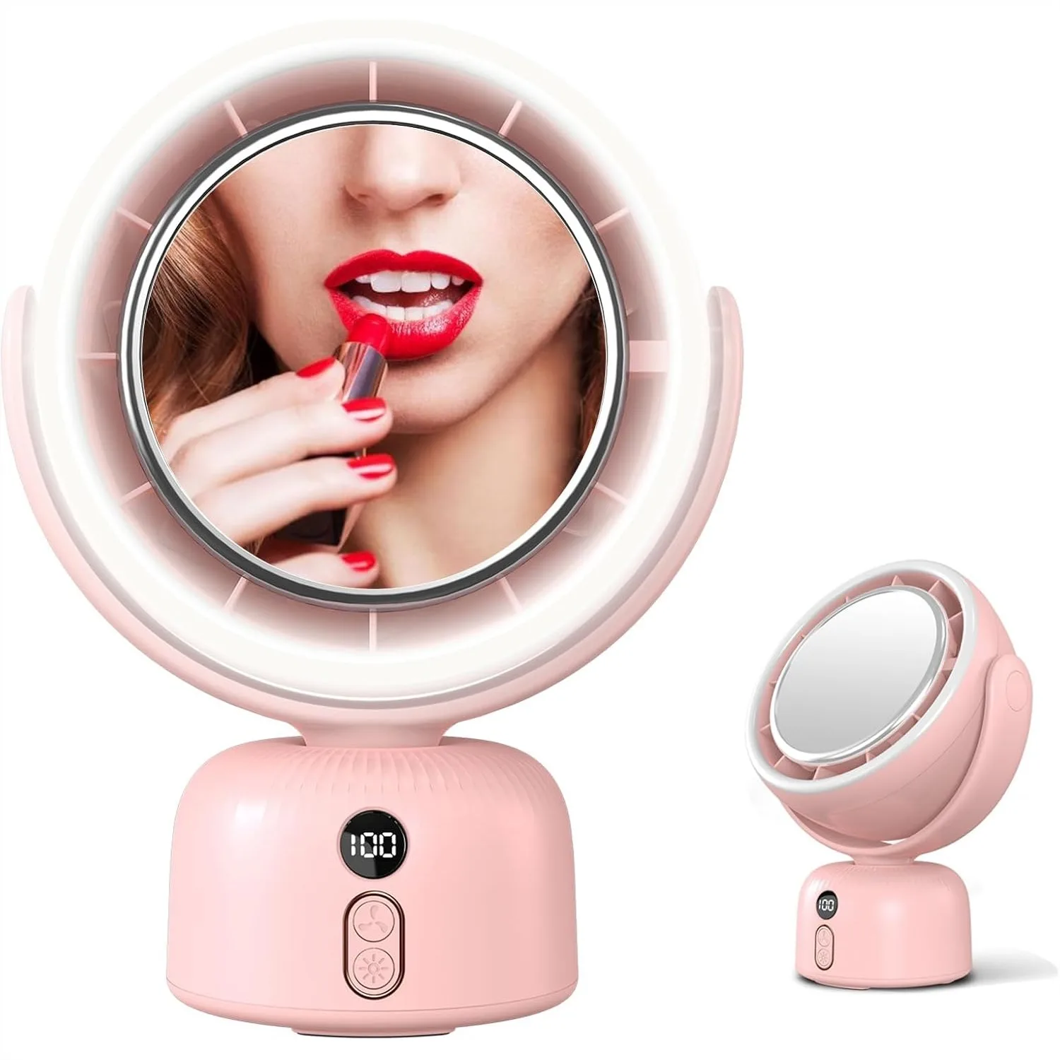 

Portable Fan with LED Makeup Mirror, 6000mAh Rechargeable Table Fan, 5-Speed Quiet Cooling Fan, USB Powered for Home Office