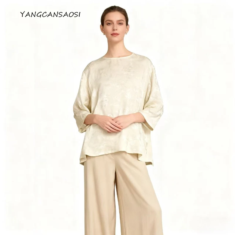

2025 Autumn Women's Fashion Clothing 100% Natural Mulberry Silk Jacquard Satin Round Neck Long Sleeved Beige Casual T-shirt
