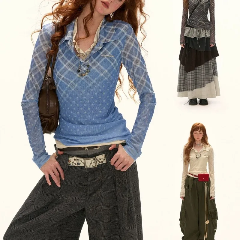 

Mesh Gradient Plaid Print Long Sleeve T-Shirt Women's Slim Bottoming Top