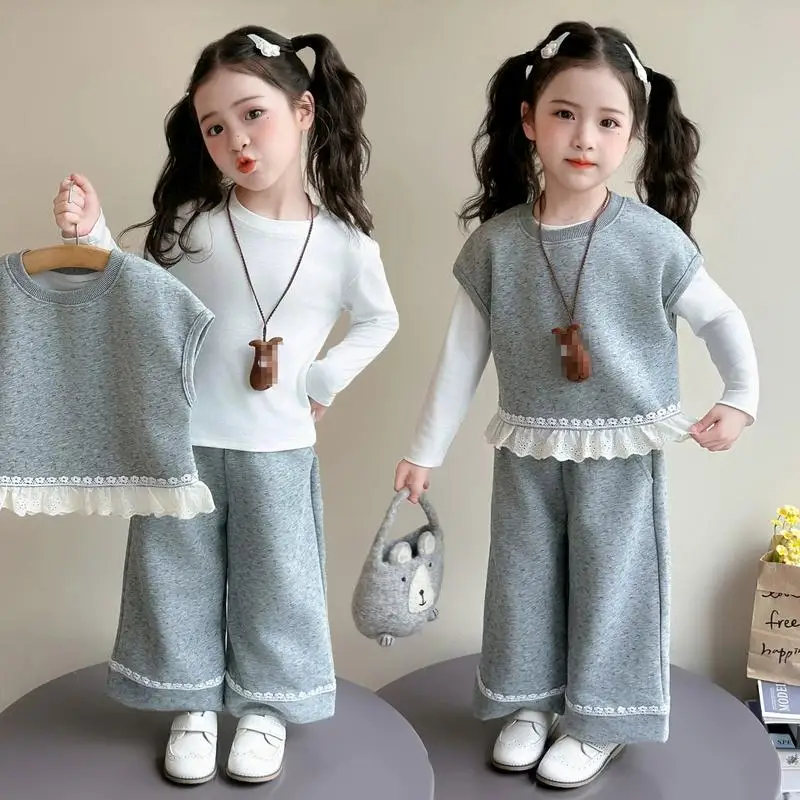Girl lace floral vest long sleeved T-shirt wide leg pants set Spring Autumn new children's small fragrance style three piece set