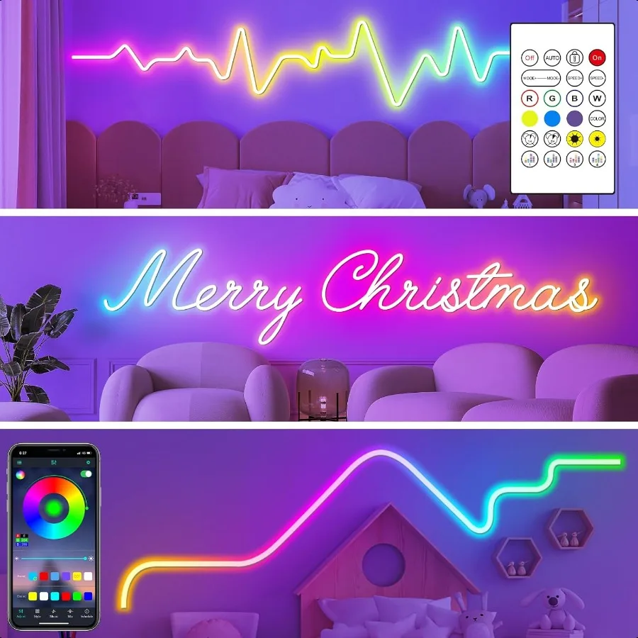 Led Neon Rope Lights 15FTControl with App Remote Flexible Led Rope Lights Multiple Modes IP68 Outdoor RGB Neon Lights Waterproo