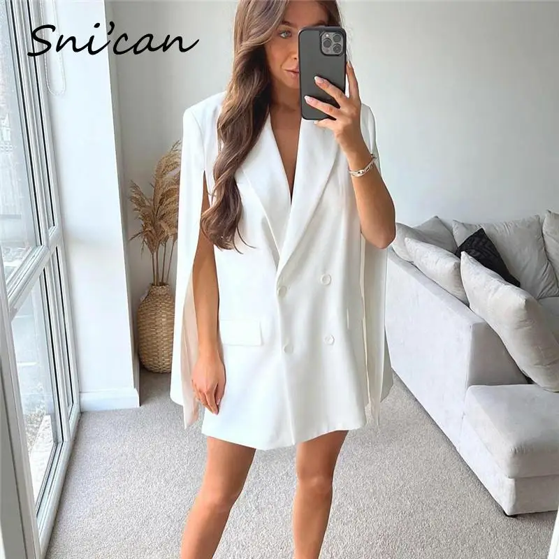 White Sleeveless Cloak Jacket Coat Spring Fashion Turn Down Collar Pockets Sleeveless Office Ladies Blazer Chic Tops 2022 New