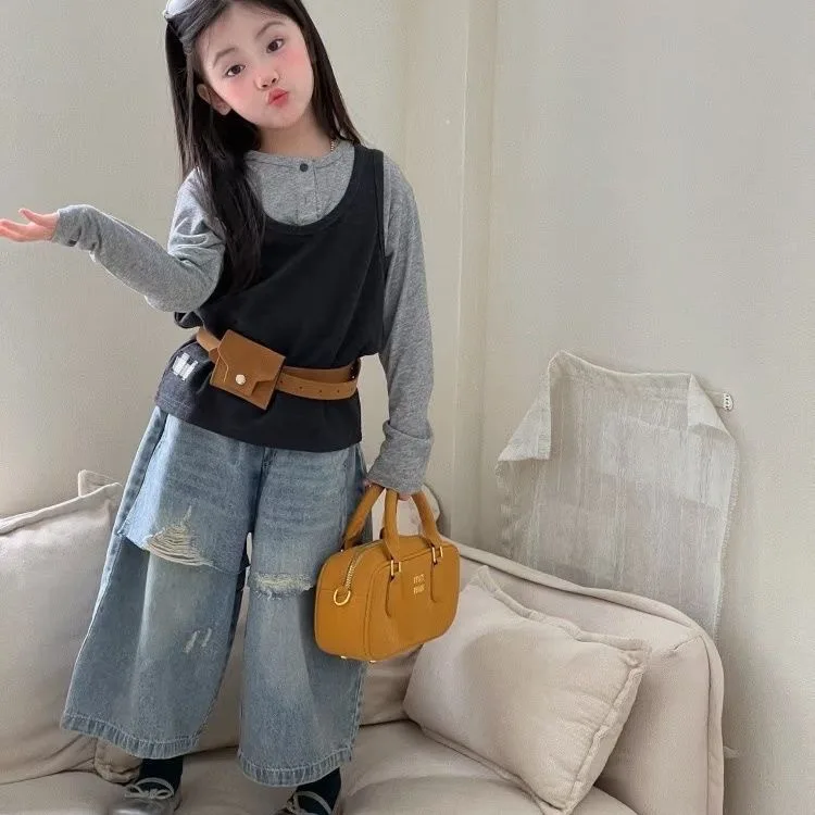 

Korean Suit 2026 Fashionable Knitted Shirt Stylish and Fashion Children's Wide Leg Jeans Kids 3 Piece Set