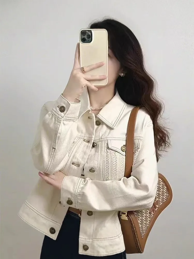 White denim long sleeved jacket women in spring and autumn sense of luxury beautiful short versatile trendy top