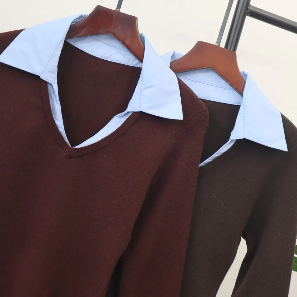 Polo-Kragen Kontrast-Patchwork Koreanische T-Shirts Langarm Fake Zweiteiler Trend-Oberteile Mode Büro Frühling Herbst Damenbekleidung – Detail 8