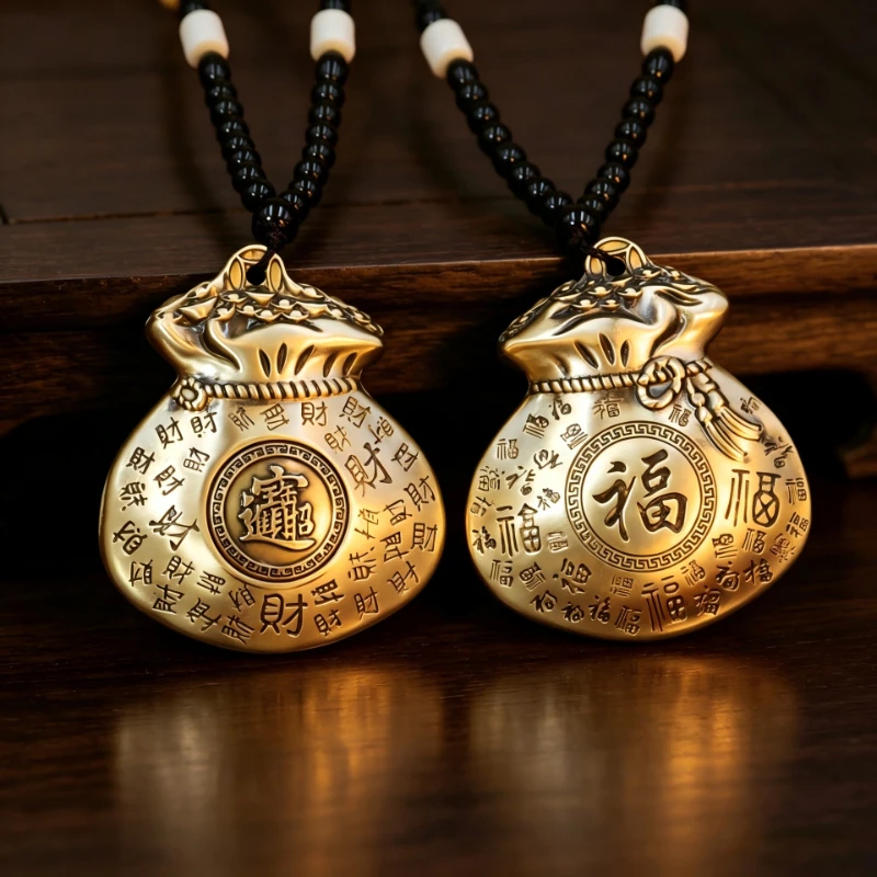HT Brass money bag Baifu Baicai turn lucky bag hand handle piece rotatable retro old decompression hand play piece ornament