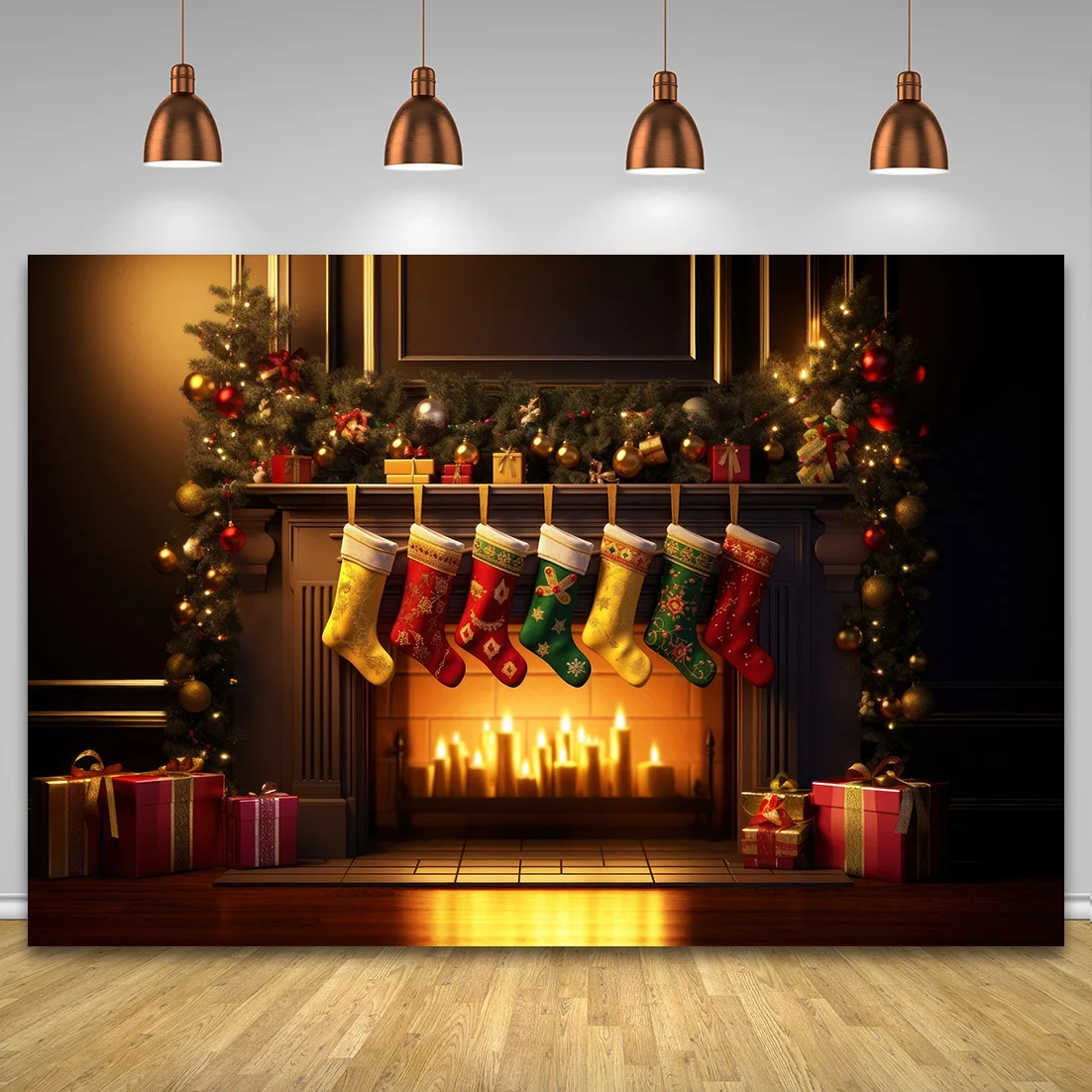 Christmas Photography Backdrop Traditional Stone Fireplace Xmas Trees Kids Family Baby New Year Party Decor Photo Background