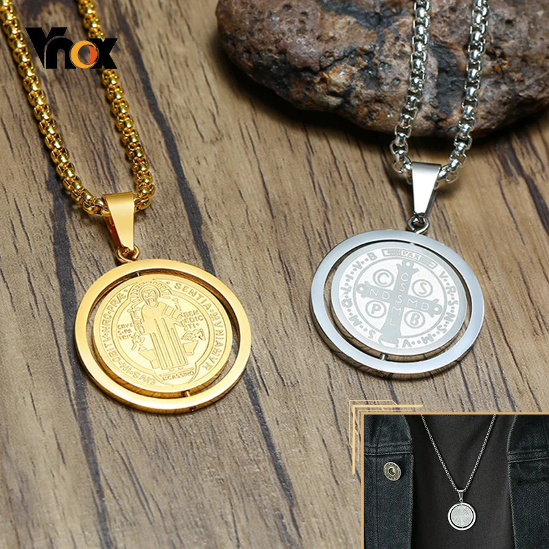 Vnox Rotatable Catholicism Saint Benedict Necklace for Men,Spinner Coin Pendant,Casual Stainless Steel Religious Faith Jewelry