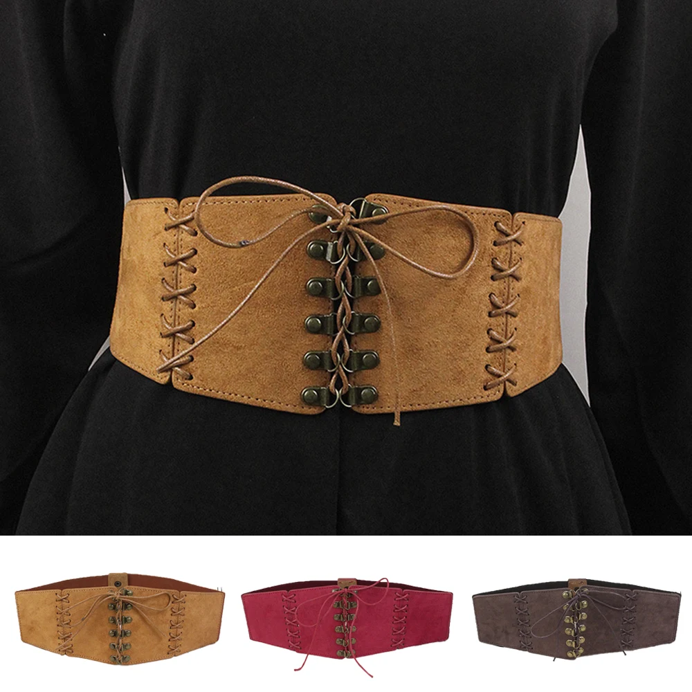 

Vintage Suede Leather Elastic Wide Belts Women'S Lace-Up Corset Belt Slimming Body Waistband Stretch Cummerbunds Girdle cinturon