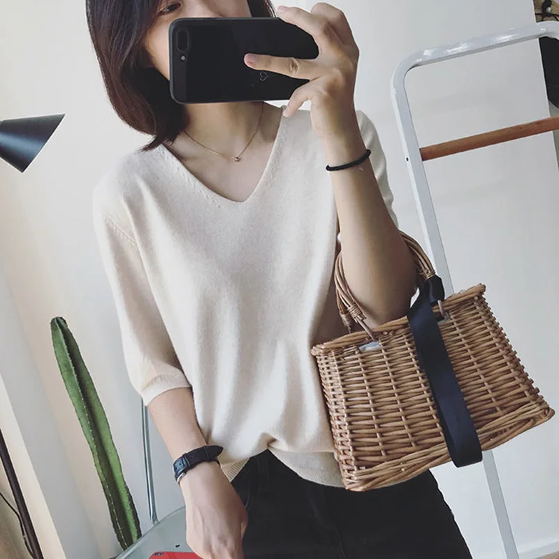 Fashion Solid Color V-Neck Half Sleeve Knitted Sweater Women's Clothing 2022 Autumn New Loose Casual Pullovers Commute Tops