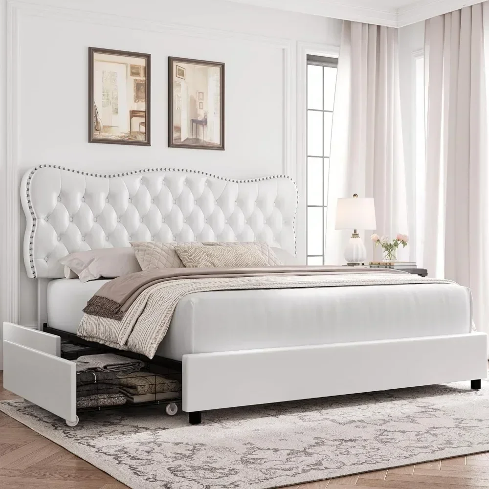 

Upholstered Platform Bed Frame, Bed Frame with 4 Storage Drawers, Heavy Duty Mattress Base with Wood Slats