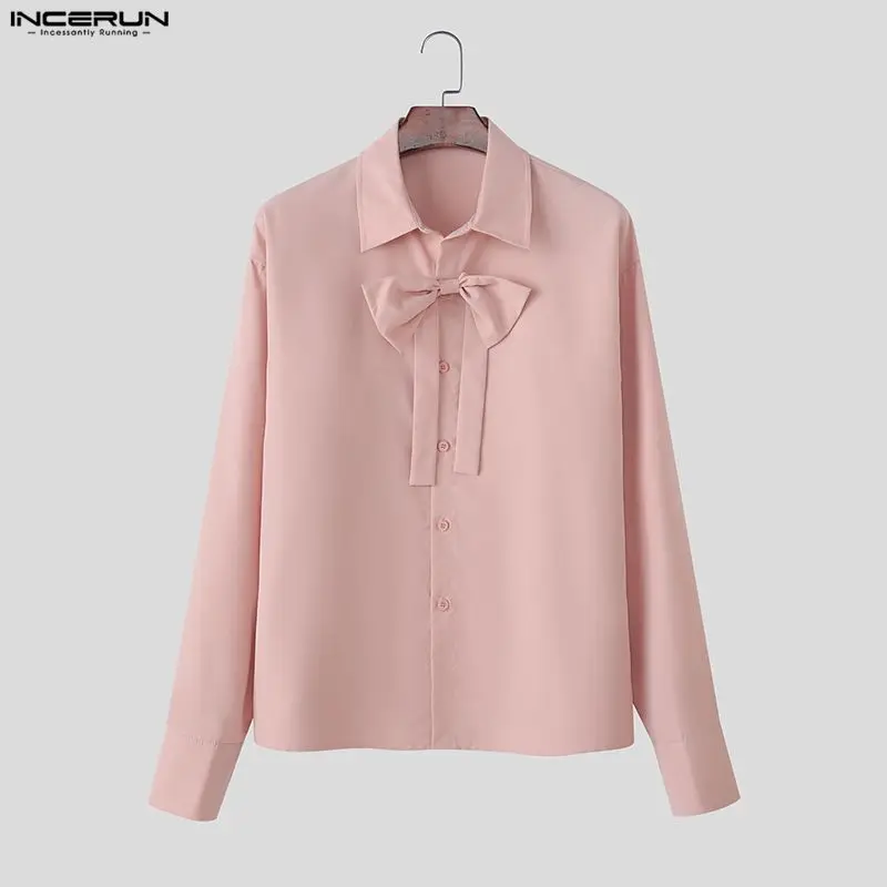 

INCERUN Мужская рубашка сплошной цвет с лацканами и длинным рукавом с бантом повседневная мужская одежда свободная уличная одежда модные топы для отдыха мужские рубашки