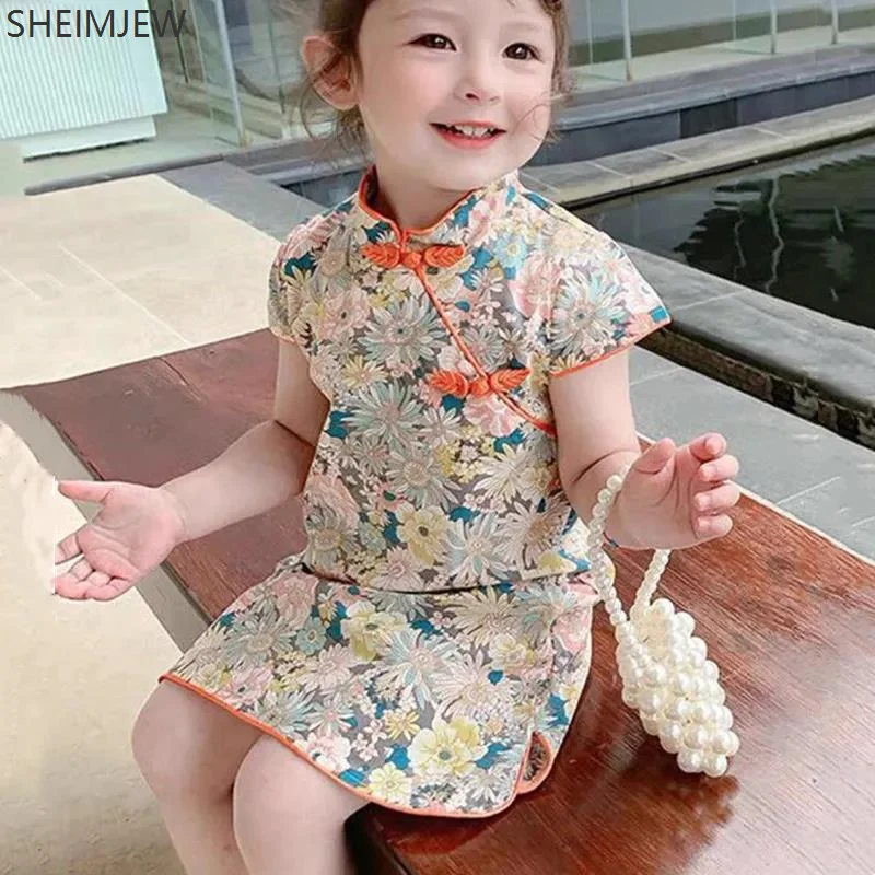 Fashion Summer 2-10 Years Old Children Girl Clothing Traditional Chinese Style Hanfu Tang Suit Baby Dress Cute Printed Cheongsam