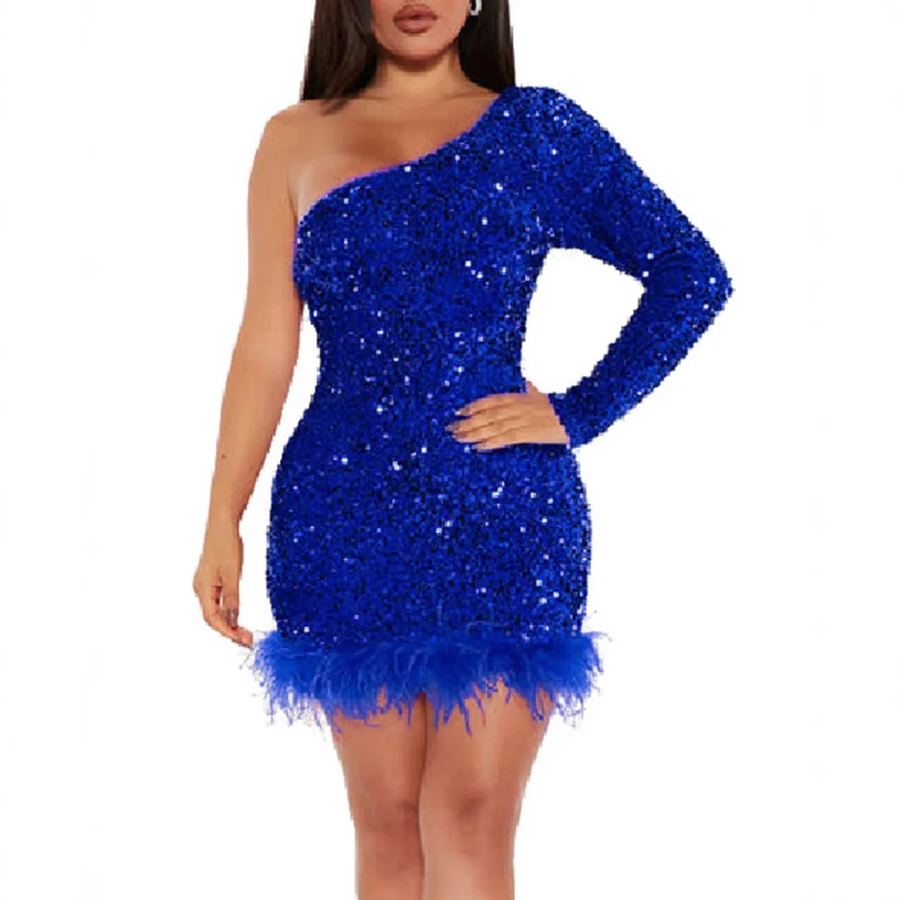 Seksowna, elegancka suknia midi z piórami, na jedno ramię, z cekinami, transgraniczna nowość 2025, damska, letnia, z jedwabiu, aksamitu.