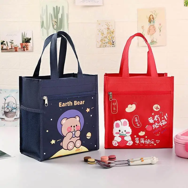 Large Portable Waterproof Lunch Bag Student Canvas Handheld Dinner Box Bag Cute Cartoon Design Children's Picnic Tote Bag