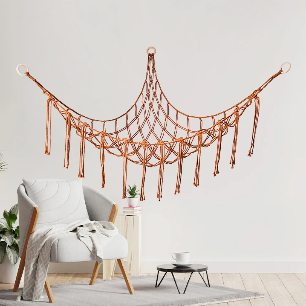 Boho Wand-Spielzeugaufbewahrungsnetz mit Quaste, handgefertigtes Baumwollseilnetz, gewebter Organizer für Kinderzimmer, Schlafzimmer, Wanddekoration, einfach zu hängen – Detail 2