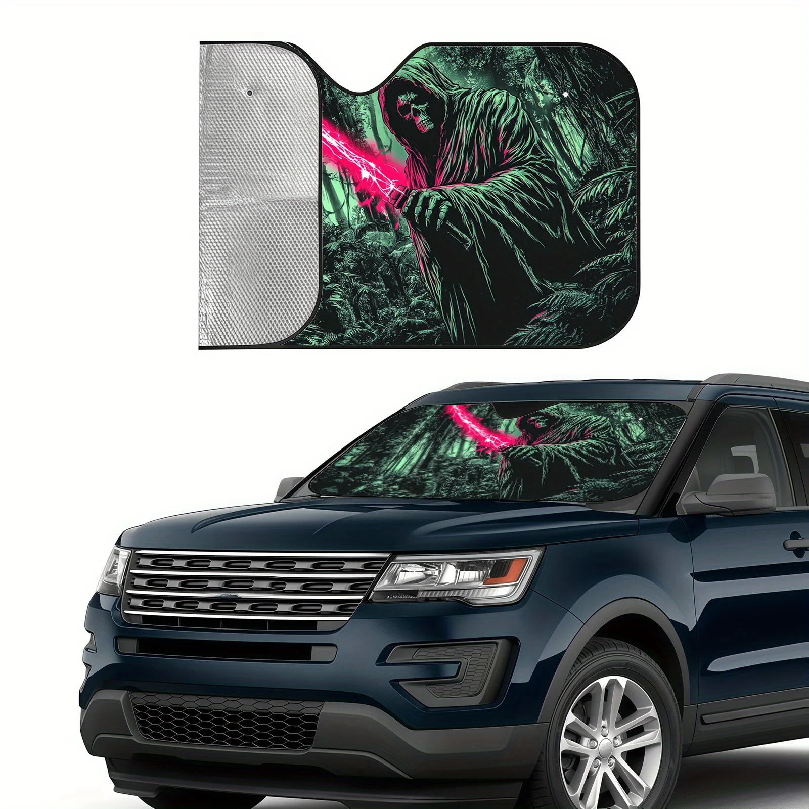 [Dark Forest Skeleton Swordsman Car Sunshade With Grim Reaper Wielding A Sword Design, Suction Cup Installation, Heat Insulation