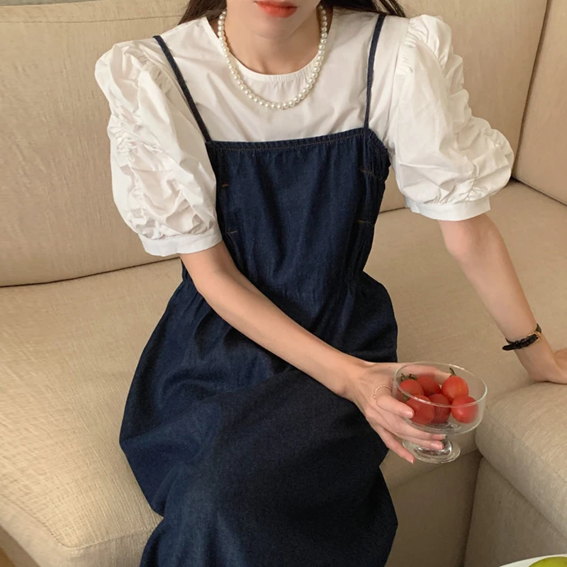 

Chic Summer Simple round Ne Bubble Sve irt Vintage Pleated Denim Dr Set Women's Cotton Blend Faion Ensemble