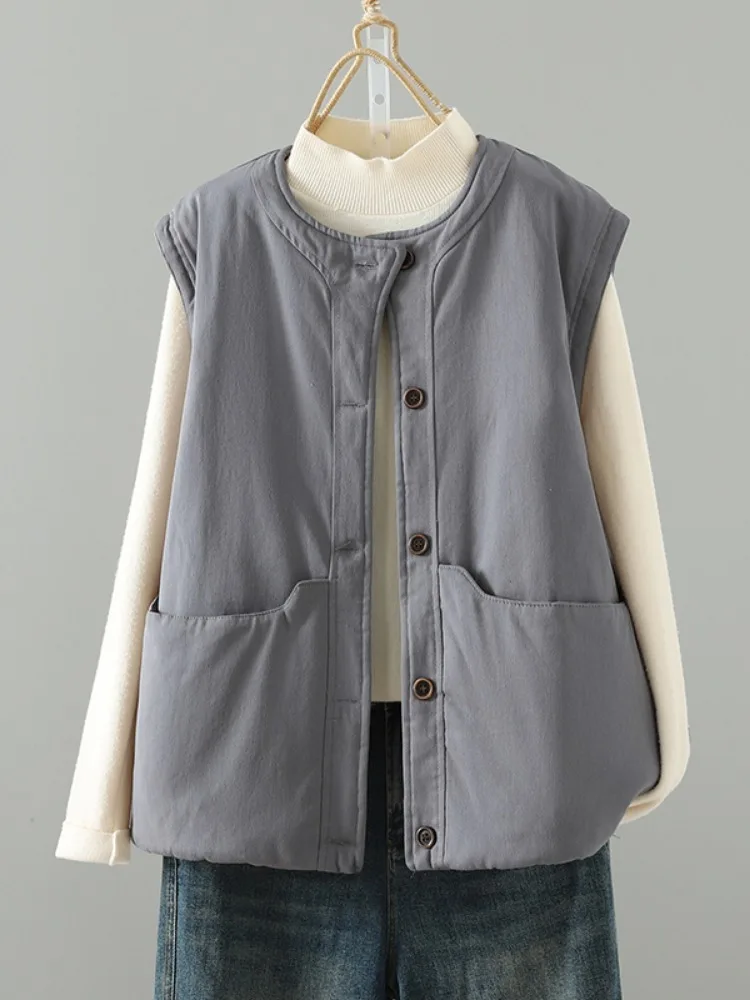 Retro Simple Cotton Vest Women's Winter Warm Filling Sleeveless Top Short Outerwear Casual Style round Neck Thickened Outerwear