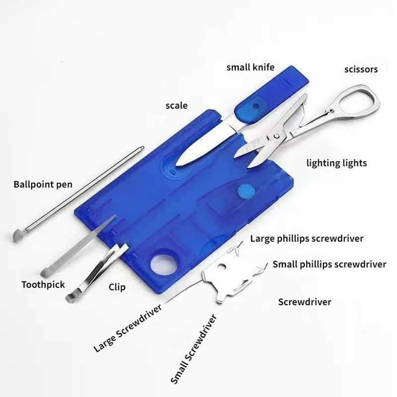 1 مجموعة التخييم في الهواء الطلق متعددة الوظائف السويسري سكين بطاقة مزيج متعددة الأغراض أدوات إنقاذ بدلة الجمال مع بطاقة أداة المصباح
