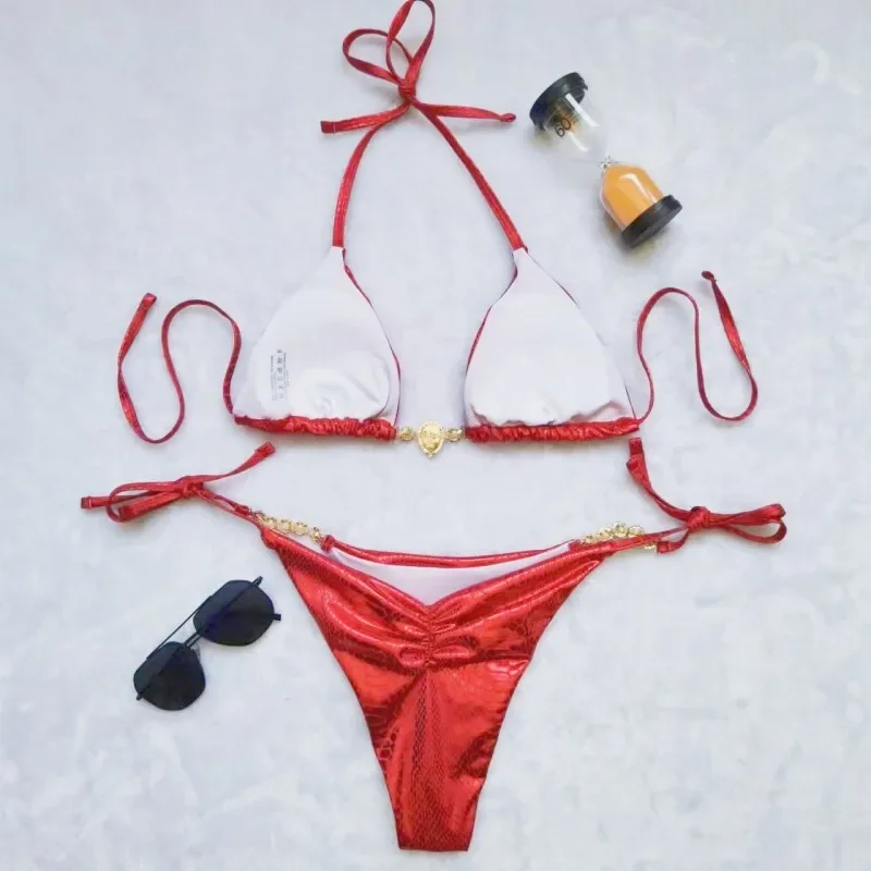 Maillot de bain sexy rouge avec biscuits pour femmes, bikini brésilien push-up, vêtements de plage, piscine, baigneur