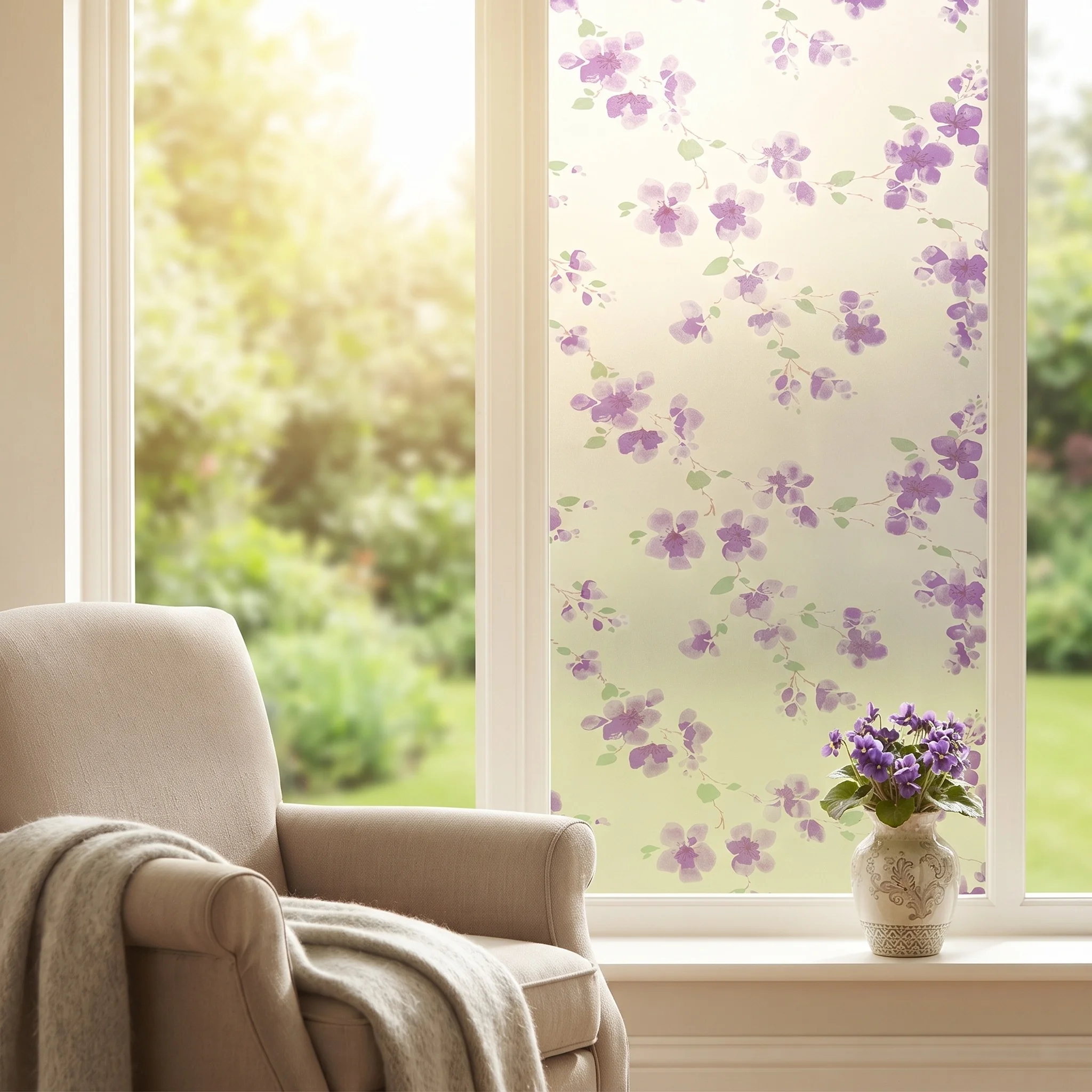 Purple Floral Self-Adhesive Window Film Frosted Privacy Glass Sticker Anti-UV Light Filtering Decorative Bath Window Tint