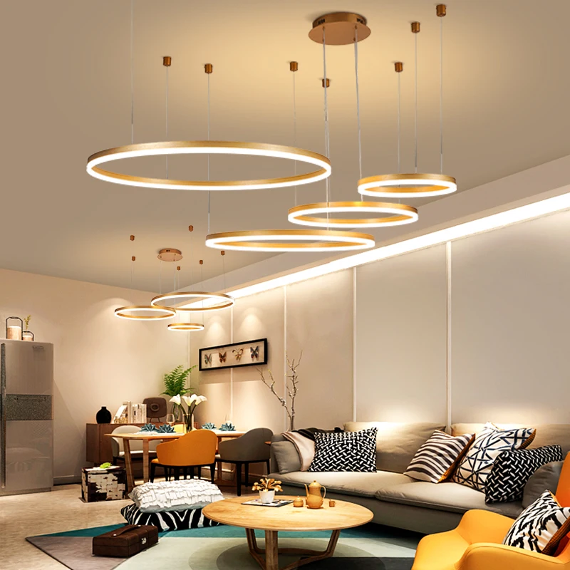 Golden Living Room Chandelier Post-Modern Simple Elegant Light Luxury Nordic Art round Ring Net Red Creative Restaurant Lamps