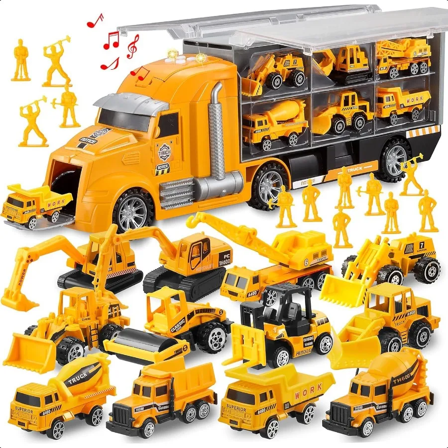 

JOYIN 25 in 1 Construction Truck Toy Set Play Vehicles with Sounds and Lights in Carrier Truck Push and Go Vehicle Cars Birthda