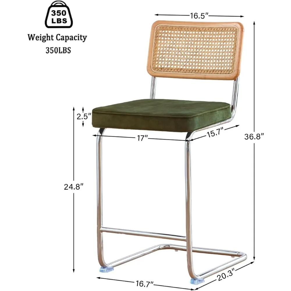 Rattan Bar Stools Set of 2 with Solid Wood Back, 24 Inch Mid Century Modern Counter Height Stools, Green Upholstery Boho