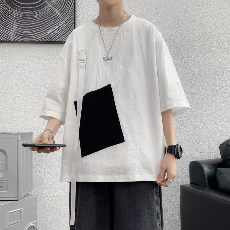 

Youthful Vitality Patchwork Pullovers Summer Basic Contrasting Colors Men's Clothing Stylish Loose Half Sleeve O-Neck T-shirts